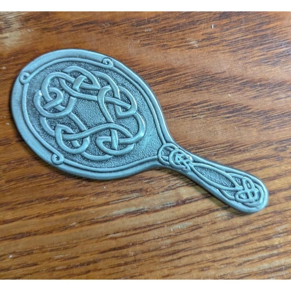 Miniature Hand Mirror With Intricate Celtic Knot Design gray silver tone 4"‎